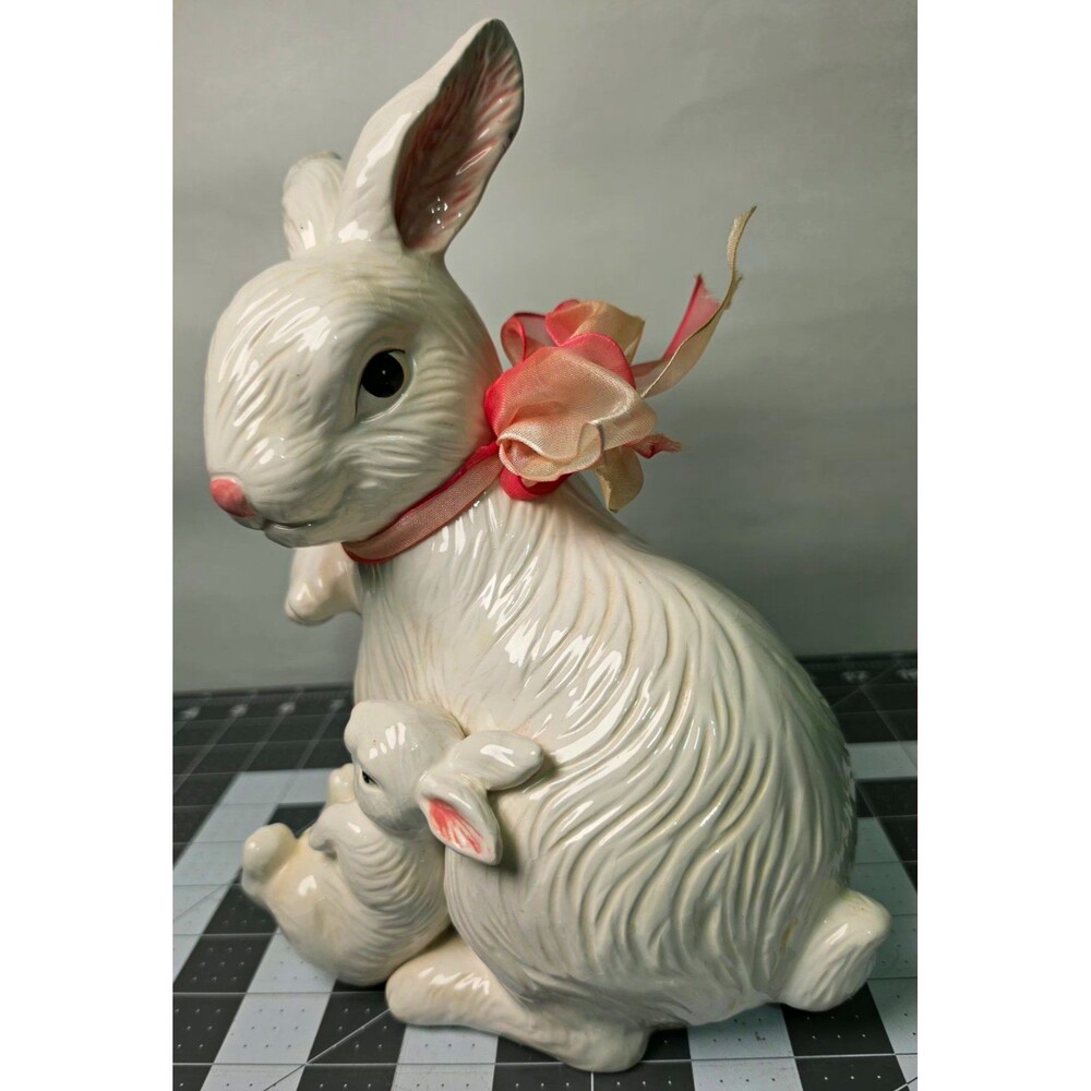 Porcelain Rabbit Figurine with Baby Bunny and Pink Ribbon Bow